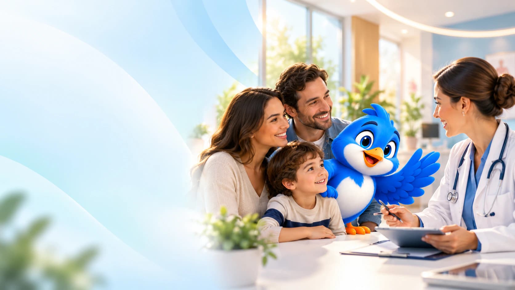 Una familia conversa con su doctora junto a Valentín, la mascota de VPI