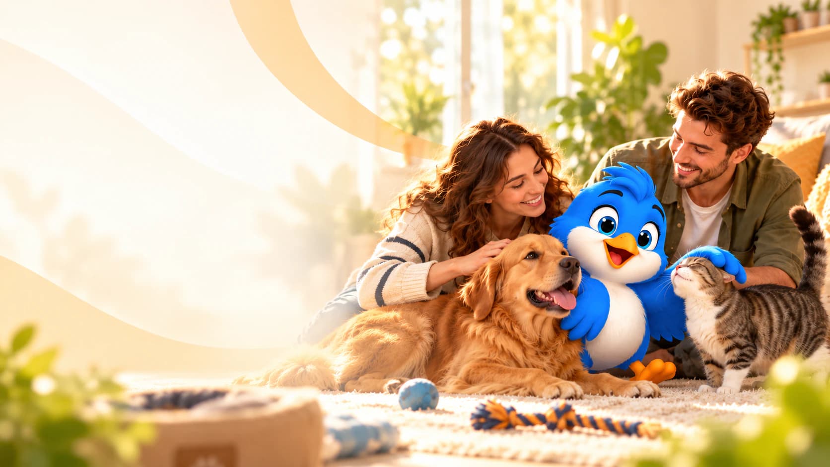 Una pareja disfruta en casa con su perro, su gato y Valentín, la mascota de VPI